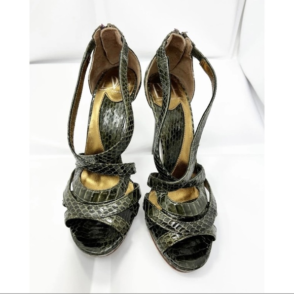 Diane von Furstenberg Sz 5.5 M Green Snake Snakeskin Embossed Heeled Sandals - Picture 3 of 11